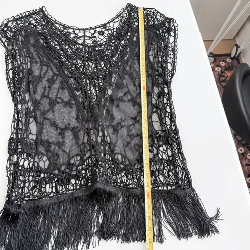 Y2K Womens Crochet Top Black Lace Fringe Sheer Whimsigoth Witchy Fairy Grunge Size L