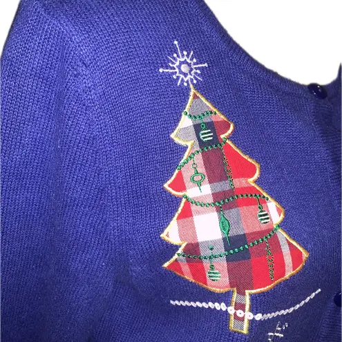 Vintage Festive Blue Knit Sweater Embroidered Sequins Plaid Trees Snowflakes XL