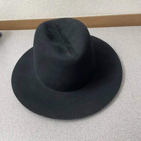 Janessa Leone Wool Fedora Hat Womens Medium Black Wide Brim Ribbon Stripe *