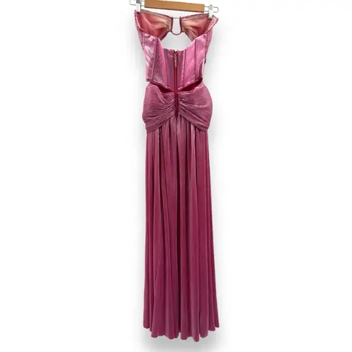 Bronx and Banco Sonny Strapless Cut Out High Slit Maxi Dress Gown in Metallic Rose