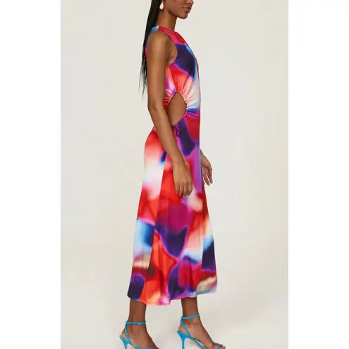 Rebecca Vallance Dress Womens 8 Red Blue Del Prado Midi Cutout Side Psychedelic