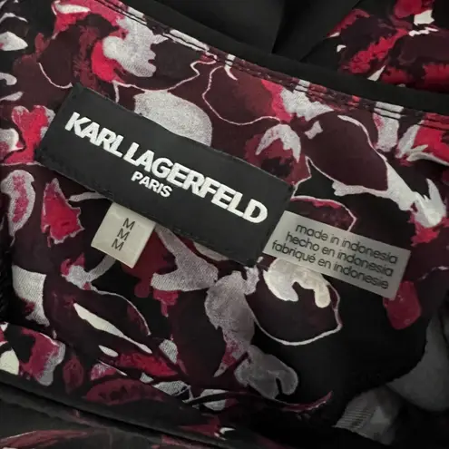 Karl Lagerfeld Shirt Womens Medium Black Red Floral Blouse Bell Sleeve Career