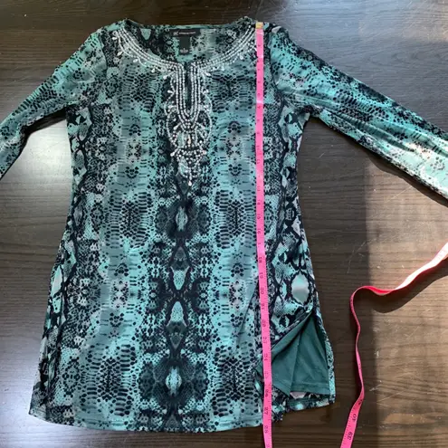 INC Sheer Snake Print Tunic Top Beaded Neck Teal Black Small Nylon Mesh Blouse Blue