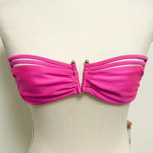 Luli Fama Pink Strappy V Ring Bandeau Back Tie Muy Caliente Bikini Top NWT Small