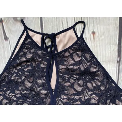 Nightway Navy Lace Keyhole Halter Dress