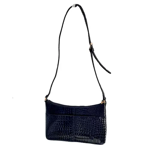 Etienne Aigner Vintage Black Shiny Croc Embossed Leather Shoulder Bag