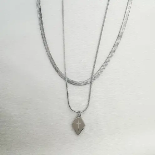 Layered Snake Chain Geometric Rhombus Cross Pendant Necklace for Men Women Silver