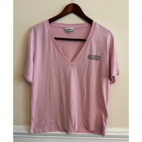 Ganni Pink V-Neck Software Jersey Rosa Crewneck Logo Tee Size Medium
