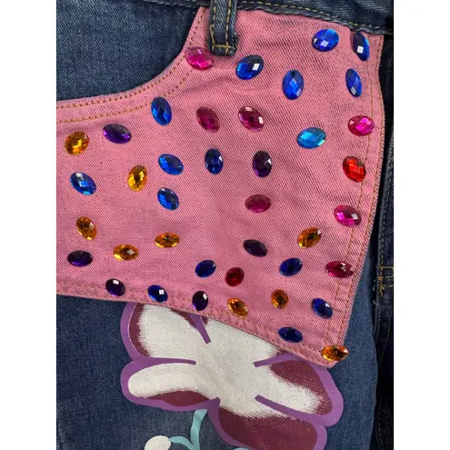 Distressed Jeans Embellished Ripped Denim Colorful Accents Size M/L Blue