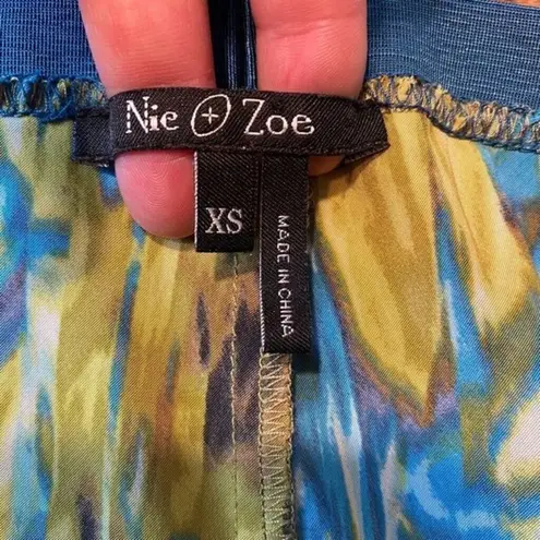 Nic+Zoe Maxi Skirt XS A-Line Drape Pleat Green Abstract Front Slit Stretch Waist