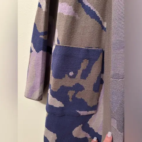 Misook Jacquard Knit Open Front Jacket Belted Pockets Khaki Grey Purple Camo L
