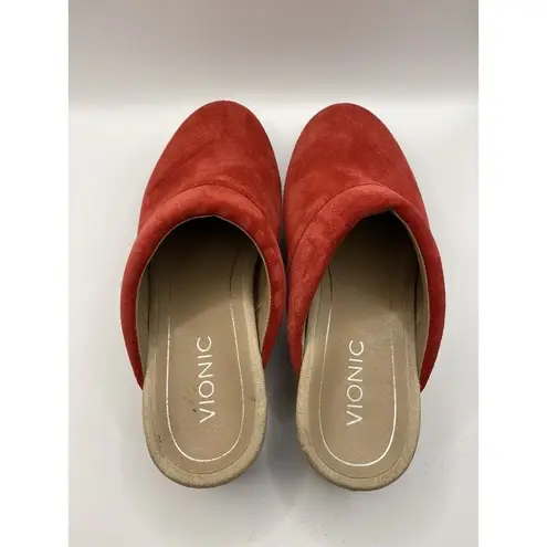 Vionic Womens Kacie Slip On Mules Clogs Sz 6 Red Suede Leather Wood Heel EUC