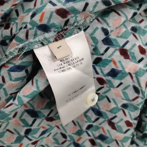 Cotelac Ruffle Top Blouse Button Up Geometric Print Art Deco Green Blue 1 Medium