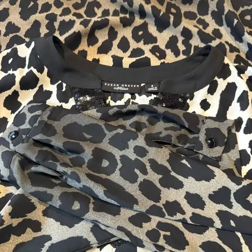 Susan Graver Long Sleeve Tunic Sequin Leopard Black Gray Tan 8