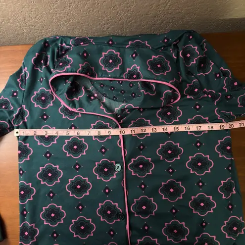 Room Service Womens Pajama Set L Green Pink Floral Loungewear Sleepwear Size L