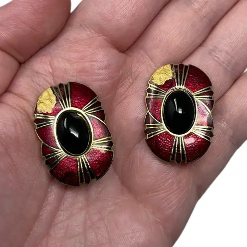 Vintage Unsigned Red Gold Black Clip On Earrings Classy Retro Glamour Party Glam