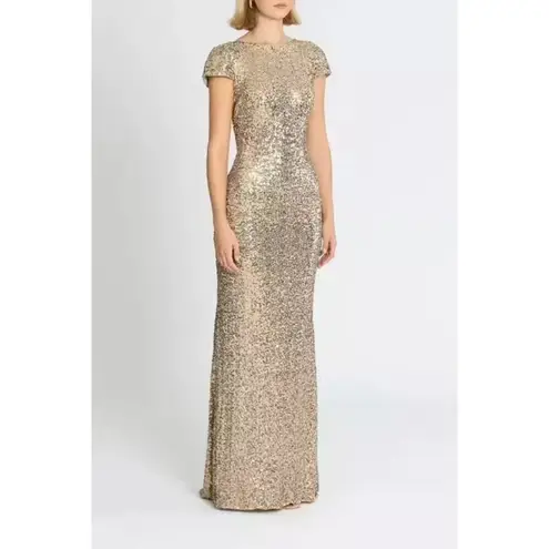 Badgley Mischka Size 2 Gold Sequin Cowl Back Gown