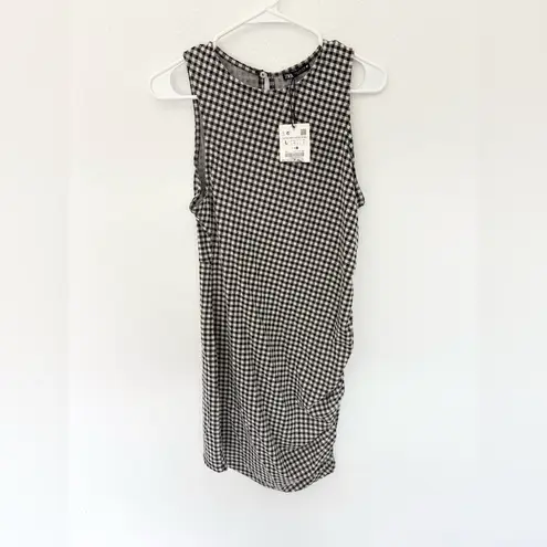 ZARA 67. NWT  Black & White Gingham Textured Ruched Mini Dress