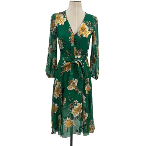 Alice + Olivia  Coco Dress Floral Print Long Sleeve Silk Green Size‎ US 2