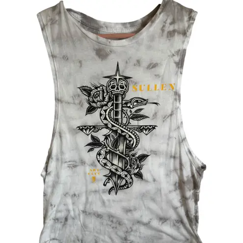 Sullen Angels Womens Large Tie Dye Muscle Tank Top Skull Snake Rose Art City White