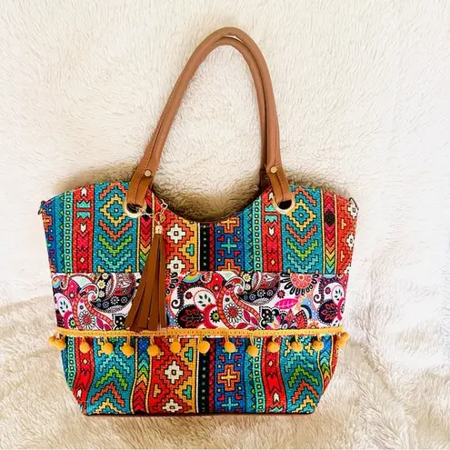 Vibrant Colorful Shoulder Bag with Pom Poms Yellow