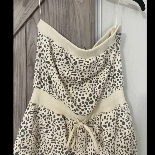 Cream & Gray Animal Print Strapless Romper with Drawstring Waist