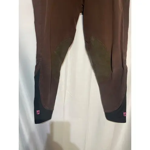 Ladies Brown Riding Breeches With Suede Knee Patches & Pink Logo Detail