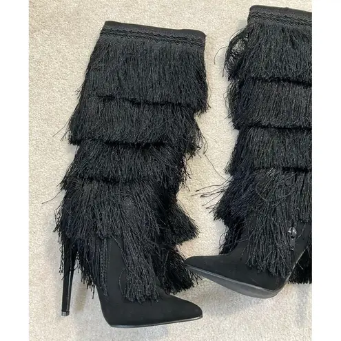 Just Fab Women Size 6 Waylin Black Fringe Thigh High Boots #I3..