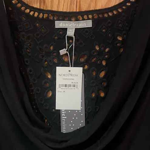 Daniel Rainn Cowl Neck Cap Sleeve Eyelet Lattice Back Yoke Top in Black Size 3X