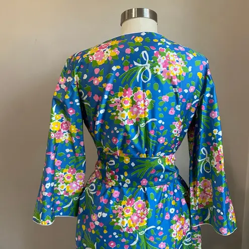 Vintage David Brown Floral Bouquet Cotton Zip Up Belted Caftan Dress Size Small Blue