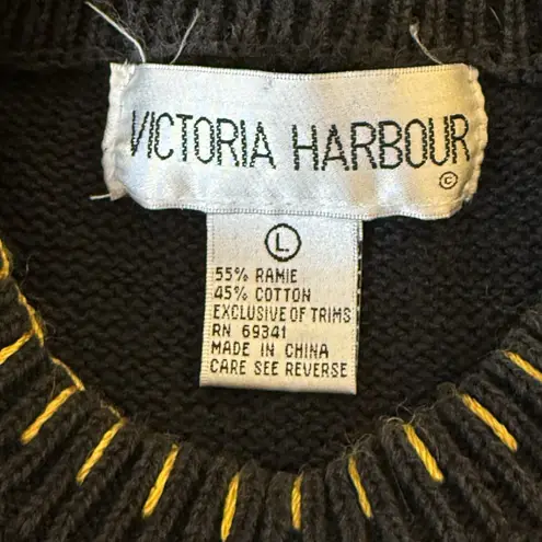 Vtg Womens Christmas Sweater Large Victoria Harbour Holiday Appliqué Embroidered Black