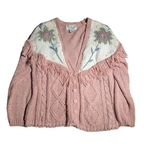 Vtg 1990s Golden Touch Blush Pink Floral Knit Fringe Trim Button Up Cardigan 18W