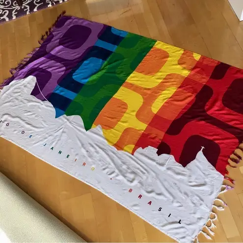 Colorful, Rainbow, Art Deco, Pashmina Style Fringe Wrap Scarf from Brazil White