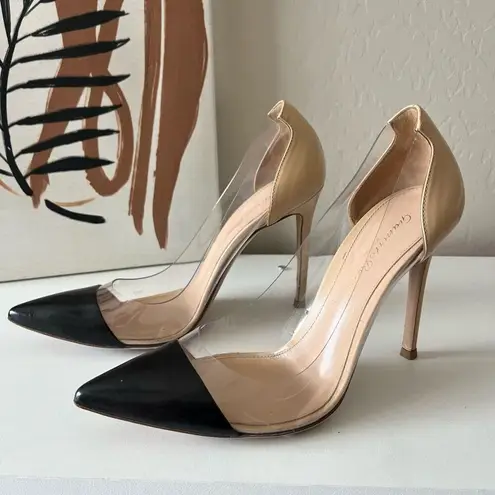 Gianvito Rossi Plexi 105 Black Nude Leather Stiletto Heel PVC Pumps Size 36.5