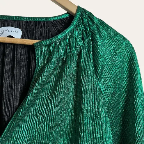 Saylor Emerald Green Metallic Long Sleeve Split V-Neck Blouse