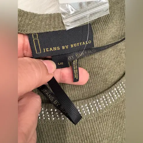 🆕 I Jeans By Buffalo Top with Rhinestone Detail Size L Green Size M