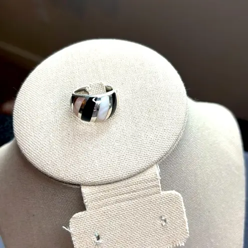 Artisan Sterling Silver 925 Mother of Pearl Onyx Inlay Ring Wide Band Boho 6.5