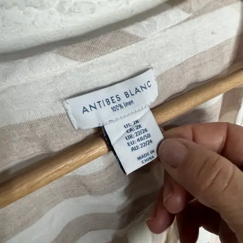 Antibes Blanc Women’s Tan White Linen Roll Tab Sleeve Popover Tunic Top 2X