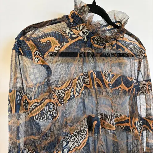 Y2K Sheer High Neck Abstract Fairy Top Ruffle Victorian Date Night Blouse Medium Blue