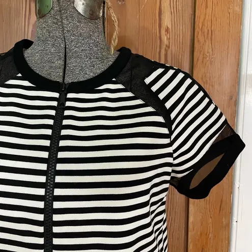 Lafayette 148 Black White Stripe Mesh Shoulder Double Zip Top Size Small