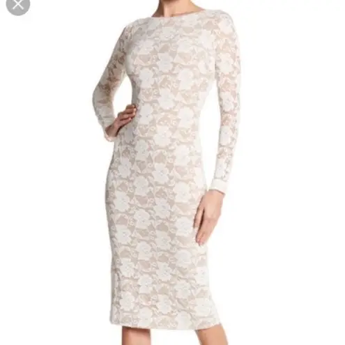 Dress the Population  Cream Backless Lace Body Con Long Sleeve Midi Dress XS