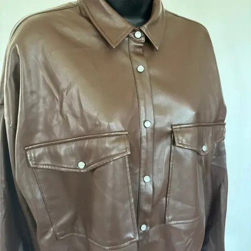 Acoa Faux Leather Shacket Sz S Brown Pearl Snap Western 90's Baggy Oversized
