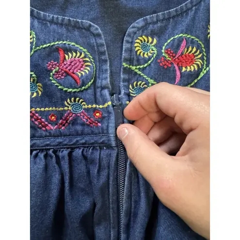Go Softly Patio Denim Mumu Dress Zip Front Fruit Embroidered Pockets Size Medium Blue