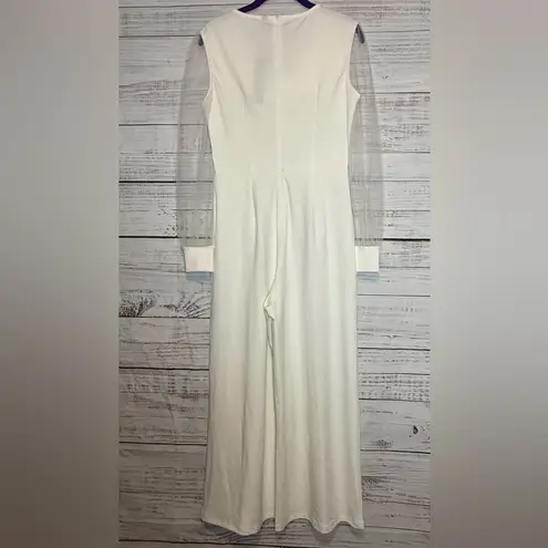 Allegra K White Jumpsuit with Sheer Sleeves