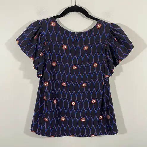 Kenzo x H&M Women's Abstract Print 100% Silk Ruffle Cap Sleeve Blouse Size 2