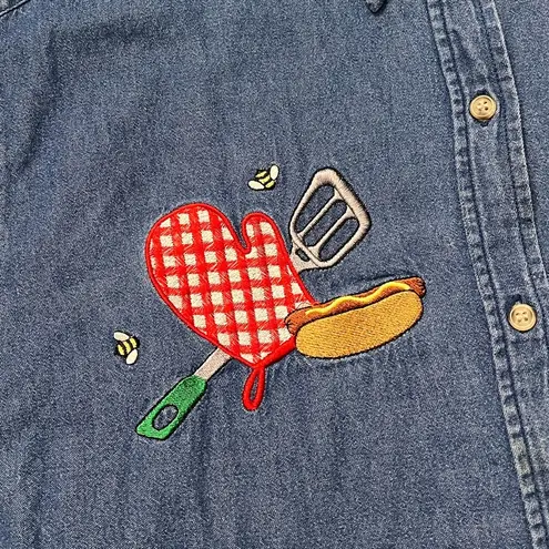 Vintage Denim Shirt Button Down Embroidered Picnic Summer Grilling L Large XL Blue