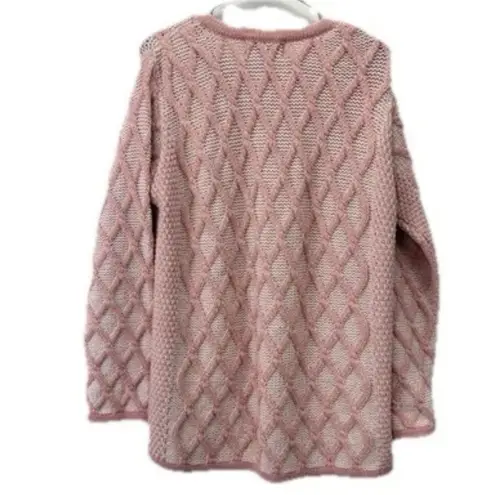 Aran Crafts Coral Merino Wool Button Up Cardigan Cable Sweater Size MEDIUM