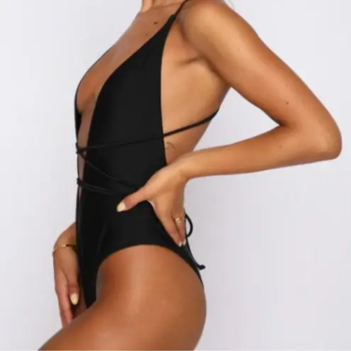 White Fox Boutique White Fox “Daydream Island” black shiny wrap sexy one piece swimsuit swimwear