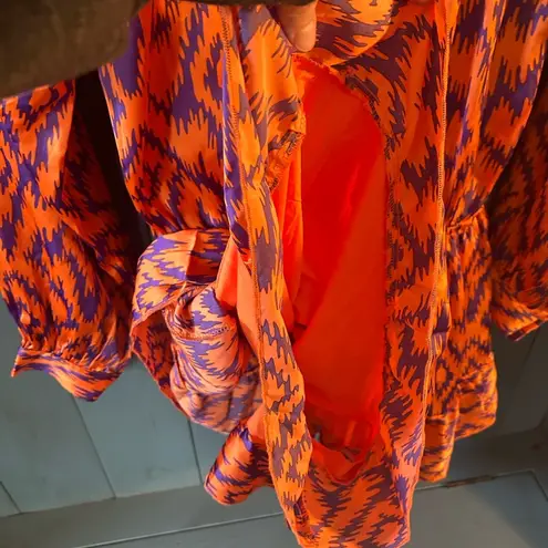 Boutique Vibrant Orange and Purple Aztec Patterned Long Sleeve Romper, Sz S