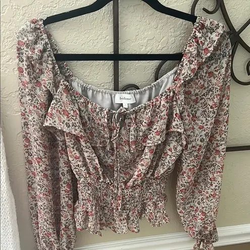 Boheme Cream Ruffled Smocked Blouse with Tie Front White